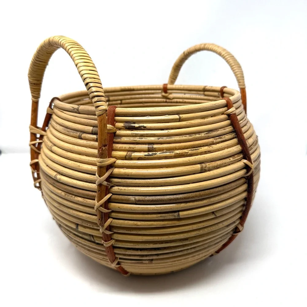 Handwoven Coiled Rattan Basket Round Bulbous‎ Boho Storage with Handles